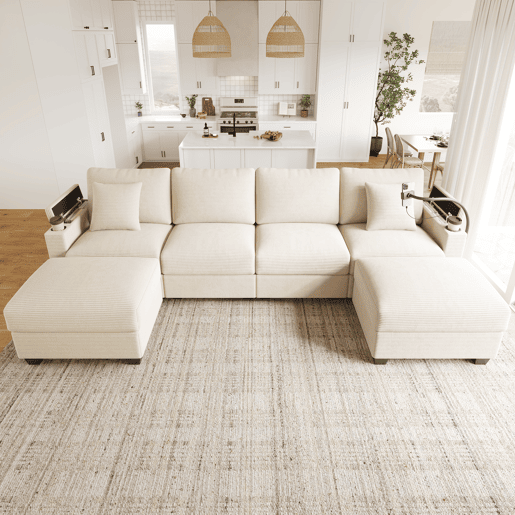 Sofá modular 6 lugares fixa de tecido,bege