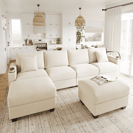 Sofá modular 6 lugares fixa de tecido,bege