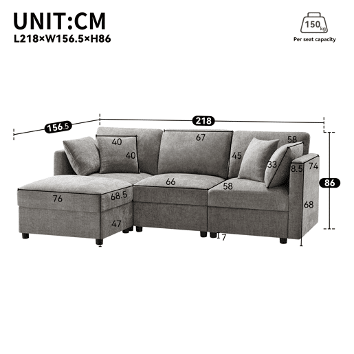 Sofá modular 4 lugares fixa de tecido,cinza Sofá modular 4 lugares fixa de tecido,cinza