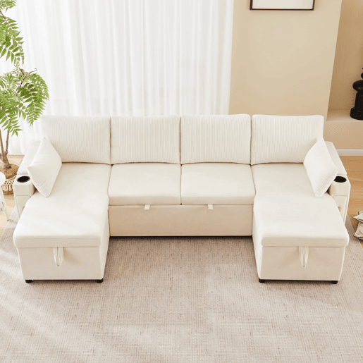 Sofá-cama em U com 4 lugares - Com porta-copos, arrumação e função de cama - Bege