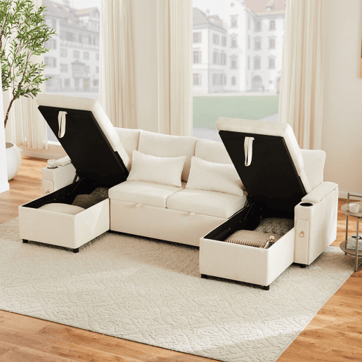 Sofá-cama em U com 4 lugares - Com porta-copos, arrumação e função de cama - Bege