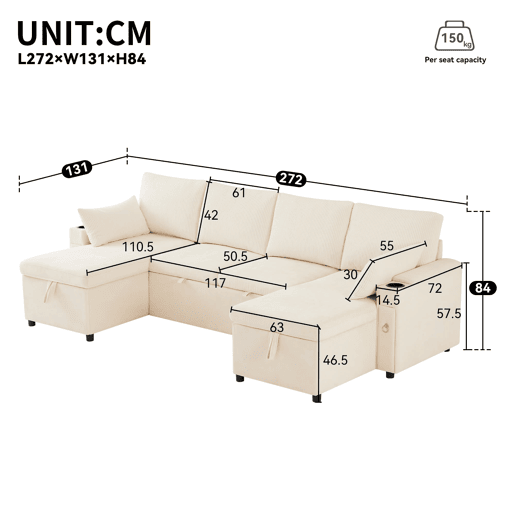 Sofá-cama em U com 4 lugares - Com porta-copos, arrumação e função de cama - Bege