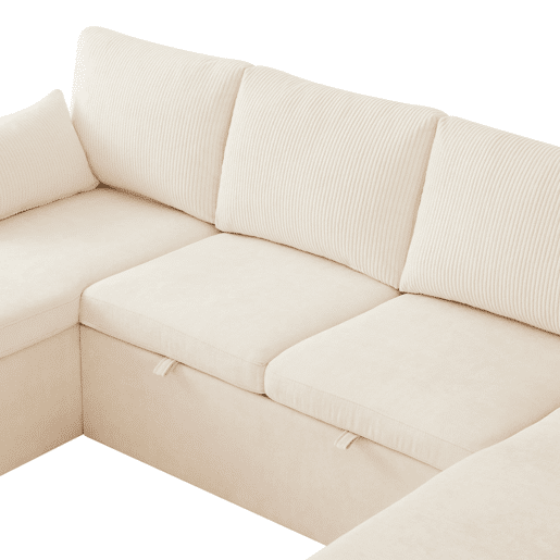 Sofá-cama em U com 4 lugares - Com porta-copos, arrumação e função de cama - Bege