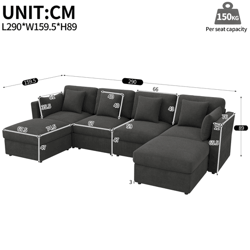 Sofá modular 6 lugares fixa de tecido,cinza Sofá modular 6 lugares fixa de tecido,cinza