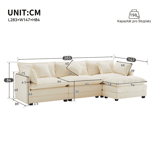 Sofá modular 3 lugares fixa de tecido,bege