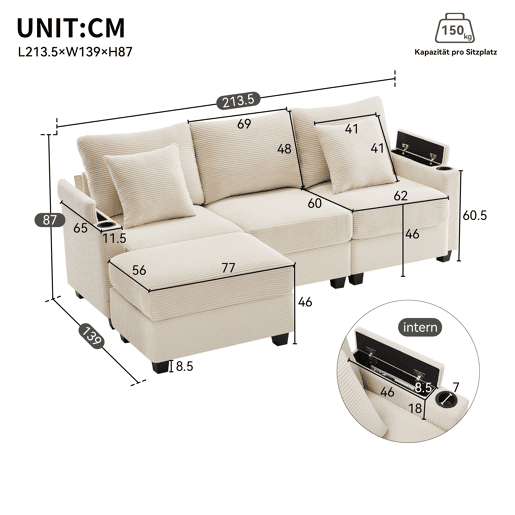 Sofá modular 4 lugares fixa de tecido,bege