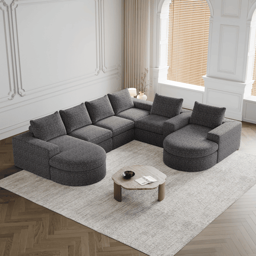 Sofá modular de 6 lugares - chenille curvada com chaise longue sem estrutura - cinza