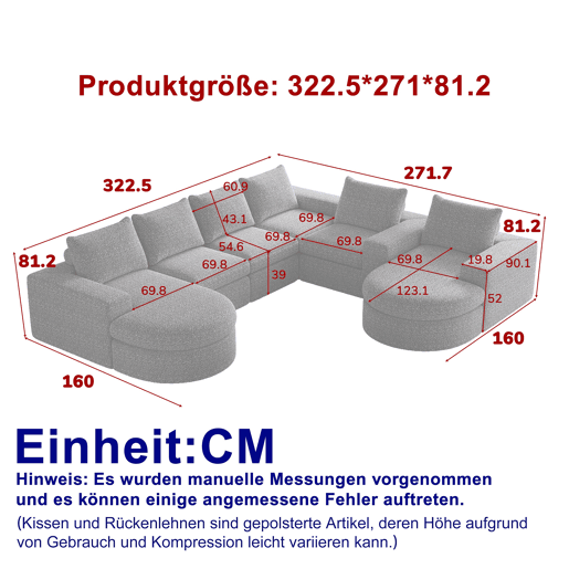 Sofá modular de 6 lugares - chenille curvada com chaise longue sem estrutura - cinza