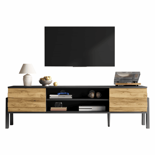 Móvel de TV 175x39,5x53 cm - Lowboard com 2 armários e espaço de armazenamento aberto, suporte para TV até 70 polegadas - Preto