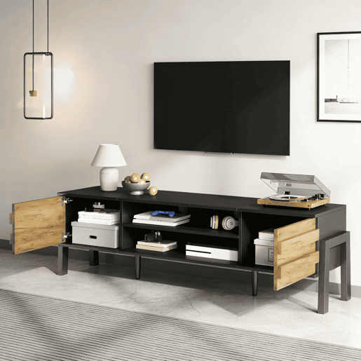 Móvel de TV 175x39,5x53 cm - Lowboard com 2 armários e espaço de armazenamento aberto, suporte para TV até 70 polegadas - Preto