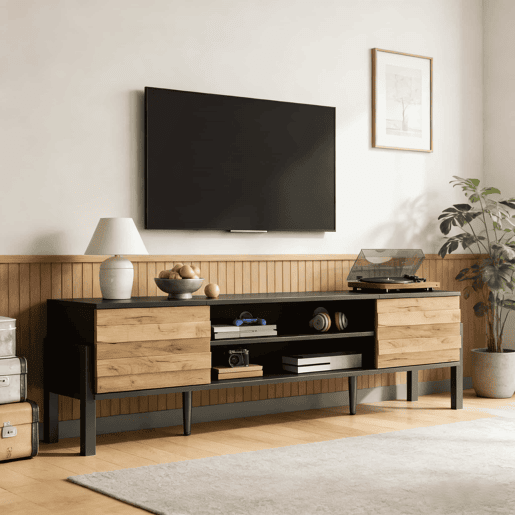 Móvel de TV 175x39,5x53 cm - Lowboard com 2 armários e espaço de armazenamento aberto, suporte para TV até 70 polegadas - Preto