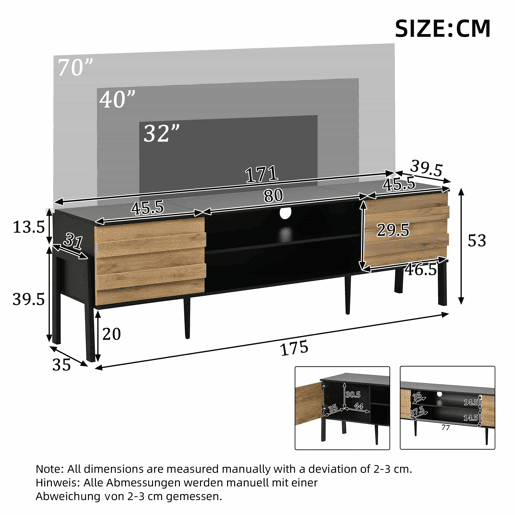 Móvel de TV 175x39,5x53 cm - Lowboard com 2 armários e espaço de armazenamento aberto, suporte para TV até 70 polegadas - Preto