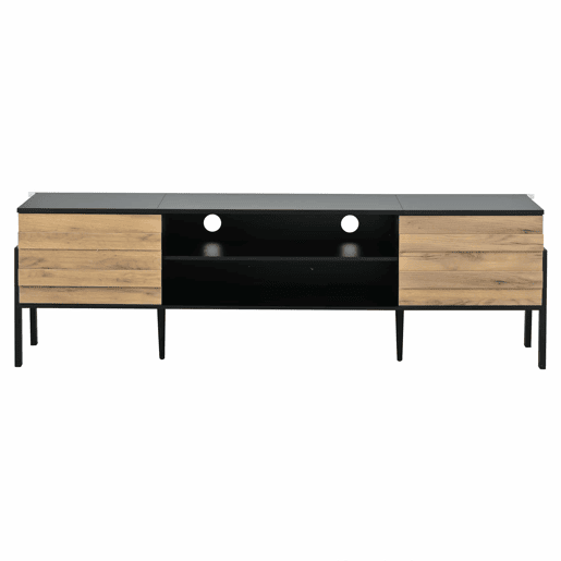 Móvel de TV 175x39,5x53 cm - Lowboard com 2 armários e espaço de armazenamento aberto, suporte para TV até 70 polegadas - Preto