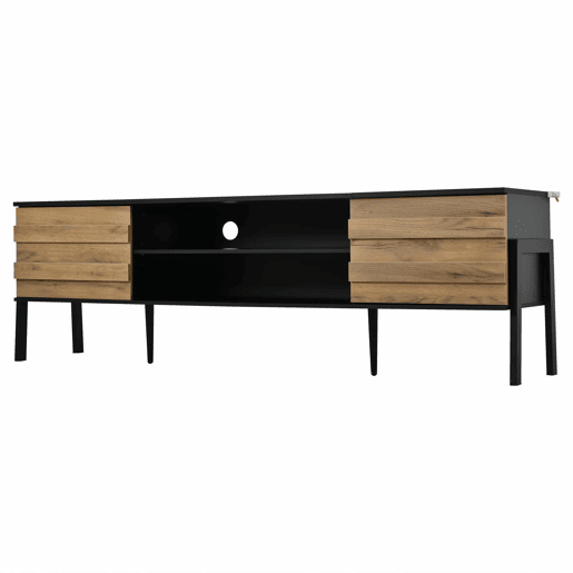 Móvel de TV 175x39,5x53 cm - Lowboard com 2 armários e espaço de armazenamento aberto, suporte para TV até 70 polegadas - Preto