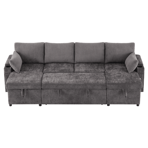Sofá-cama 4 lugares conversível panorâmico de tecido com armazenamento,cinza