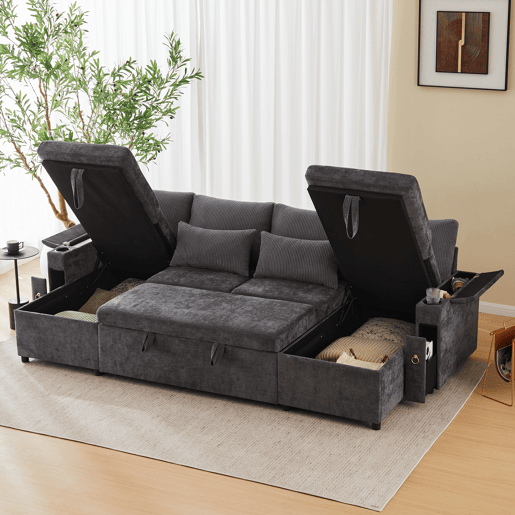 Sofá-cama 4 lugares conversível panorâmico de tecido com armazenamento,cinza