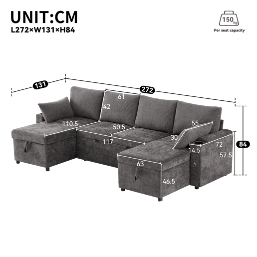 Sofá-cama 4 lugares conversível panorâmico de tecido com armazenamento,cinza