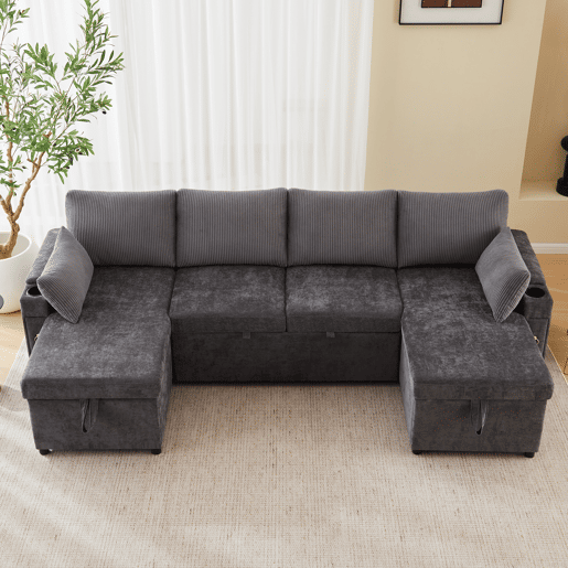 Sofá-cama 4 lugares conversível panorâmico de tecido com armazenamento,cinza