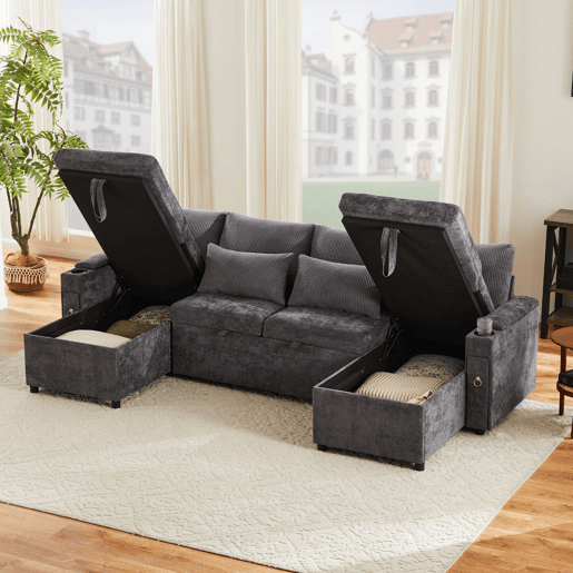 Sofá-cama 4 lugares conversível panorâmico de tecido com armazenamento,cinza