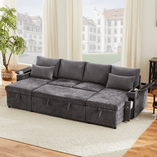Sofá-cama 4 lugares conversível panorâmico de tecido com armazenamento,cinza