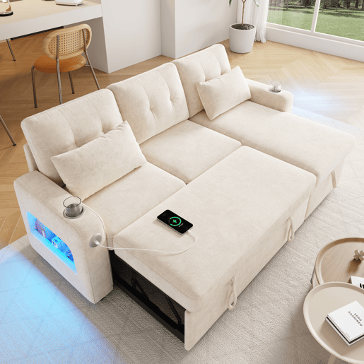 Sofá-cama 3 lugares conversível reversível de tecido com armazenamento e luz led,bege