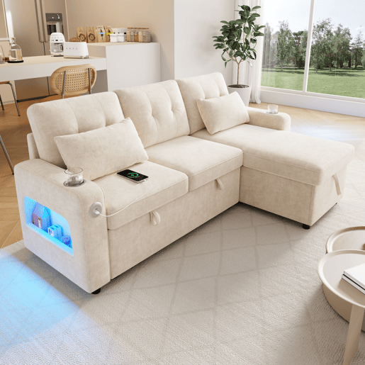 Sofá-cama 3 lugares conversível reversível de tecido com armazenamento e luz led,bege