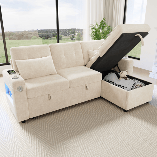 Sofá-cama 3 lugares conversível reversível de tecido com armazenamento e luz led,bege
