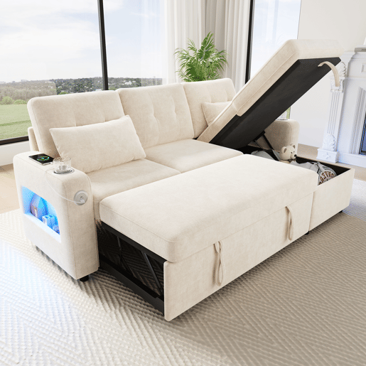 Sofá-cama 3 lugares conversível reversível de tecido com armazenamento e luz led,bege