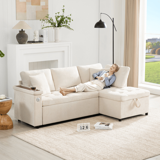 Sofá-cama 3 lugares conversível direito de tecido com armazenamento,bege