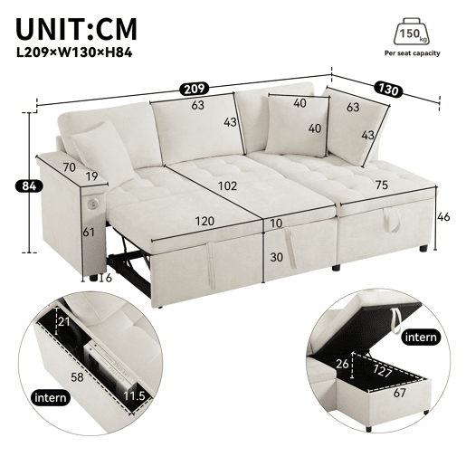 Sofá-cama 3 lugares conversível direito de tecido com armazenamento,bege