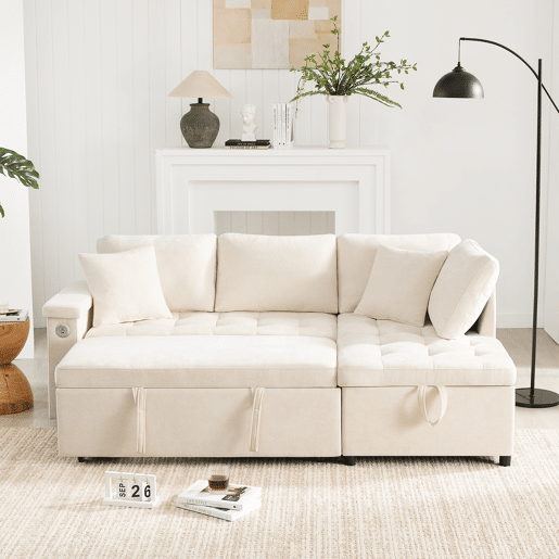 Sofá-cama 3 lugares conversível direito de tecido com armazenamento,bege
