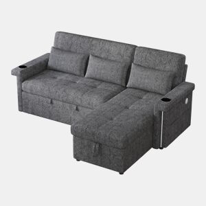 Sofá-cama 3 lugares conversível reversível de tecido com armazenamento e luz led,cinza
