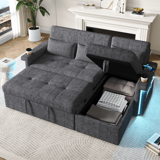 Sofá-cama 3 lugares conversível reversível de tecido com armazenamento e luz led,cinza Sofá-cama 3 lugares conversível reversível de tecido com armazenamento e luz led,cinza