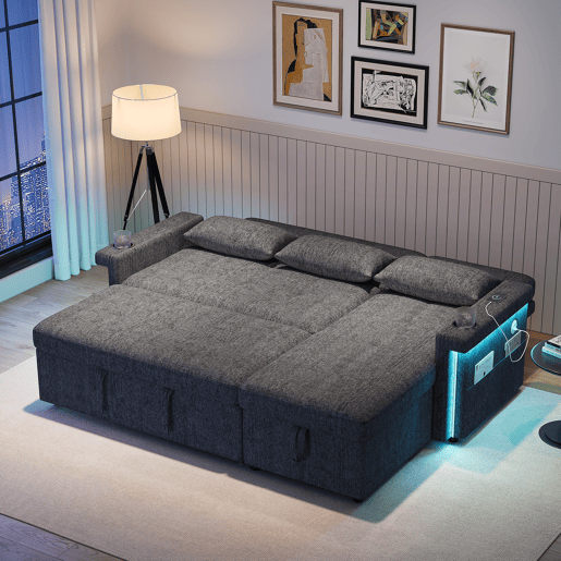 Sofá-cama 3 lugares conversível reversível de tecido com armazenamento e luz led,cinza Sofá-cama 3 lugares conversível reversível de tecido com armazenamento e luz led,cinza