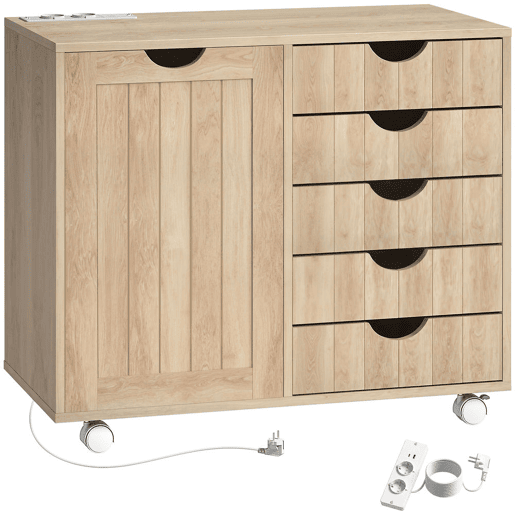 HOMCOM Móvel para Impressora com Estação de Carregamento e Rodas, Suporte para Impressora, Gaveteira de Escritório com 5 Gavetas, Portas USB, Prateleira Ajustável para Arquivador, Escritório em Casa, Natural