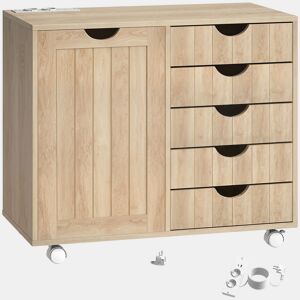 HOMCOM Móvel para Impressora com Estação de Carregamento e Rodas, Suporte para Impressora, Gaveteira de Escritório com 5 Gavetas, Portas USB, Prateleira Ajustável para Arquivador, Escritório em Casa, Natural