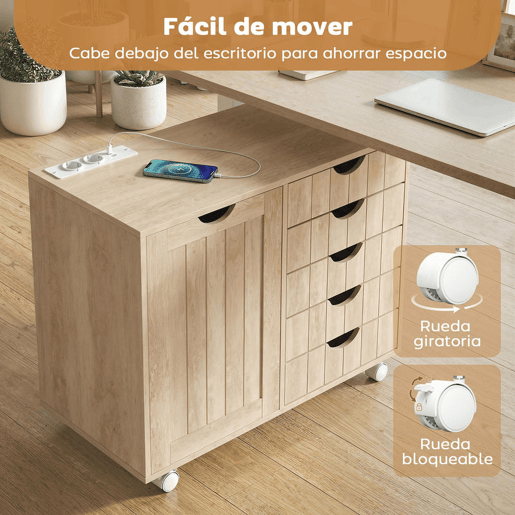 HOMCOM Móvel para Impressora com Estação de Carregamento e Rodas, Suporte para Impressora, Gaveteira de Escritório com 5 Gavetas, Portas USB, Prateleira Ajustável para Arquivador, Escritório em Casa, Natural