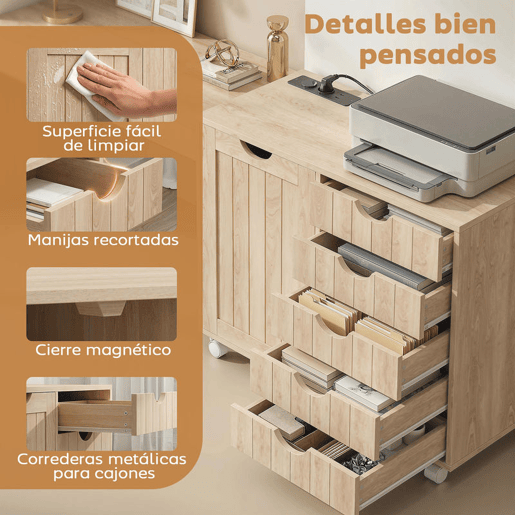 HOMCOM Móvel para Impressora com Estação de Carregamento e Rodas, Suporte para Impressora, Gaveteira de Escritório com 5 Gavetas, Portas USB, Prateleira Ajustável para Arquivador, Escritório em Casa, Natural