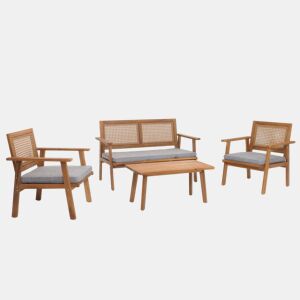 Conjunto de mobiliário de jardim com mesa banco e 2 cadeiras em madeira e polirratã com almofadas cinzentas 04_0008325
