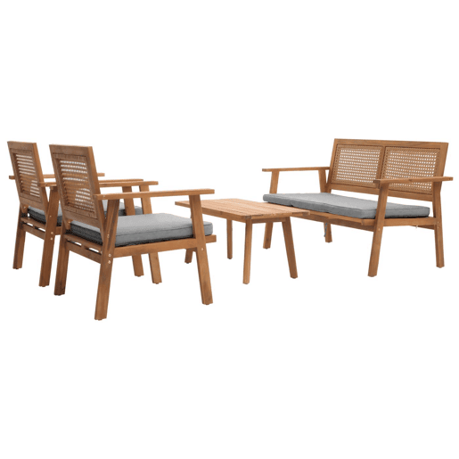 Conjunto de mobiliário de jardim com mesa banco e 2 cadeiras em madeira e polirratã com almofadas cinzentas 04_0008325