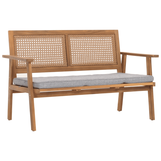Conjunto de mobiliário de jardim com mesa banco e 2 cadeiras em madeira e polirratã com almofadas cinzentas 04_0008325