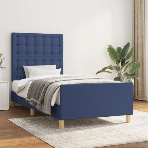 Estrutura de cama de solteiro para adultos c cabeceira tecido azul 90x190 cm