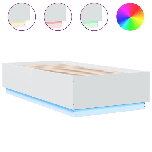 Estrutura de cama de solteiro para adultos c luzes LED 90x190 cm derivados madeira branco