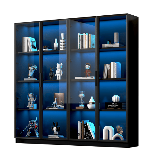 Vitrine de painel de partículas com 4 portas e luz led,preto