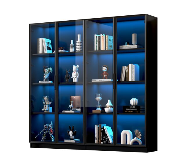 Vitrina de panel de partículas con 4 puertas y luz led,negro