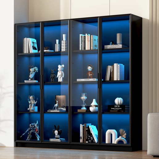 Vitrine de painel de partículas com 4 portas e luz led,preto
