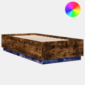 Estrutura de cama de solteiro para adultos c luzes LED derivados madeira carvalho fumado