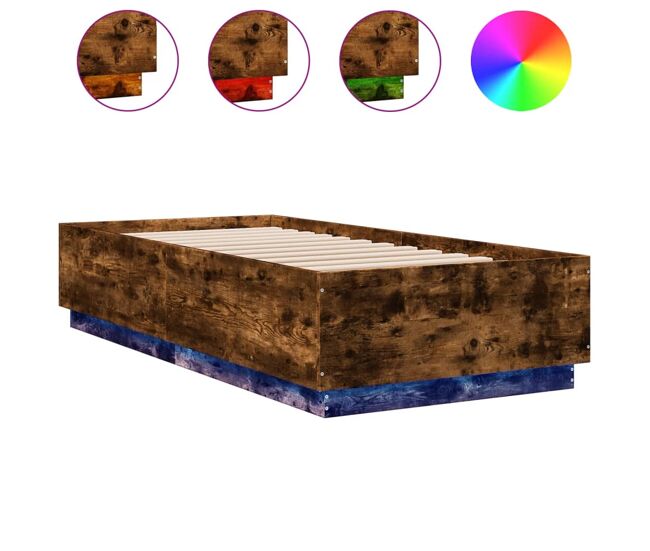 Estructura de cama individual para adultos con luces led madera roble ahumado 90x200 cm