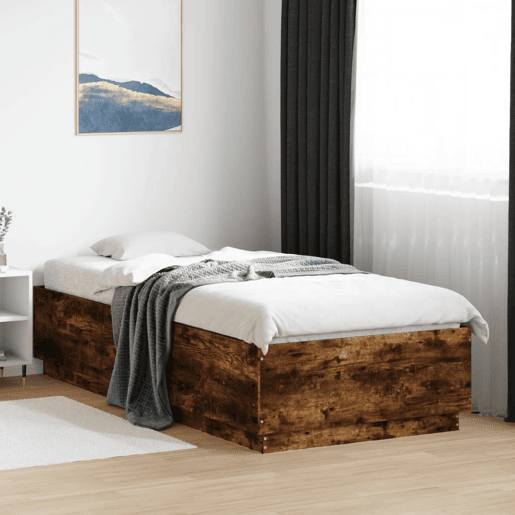 Estrutura de cama de solteiro para adultos c luzes LED derivados madeira carvalho fumado