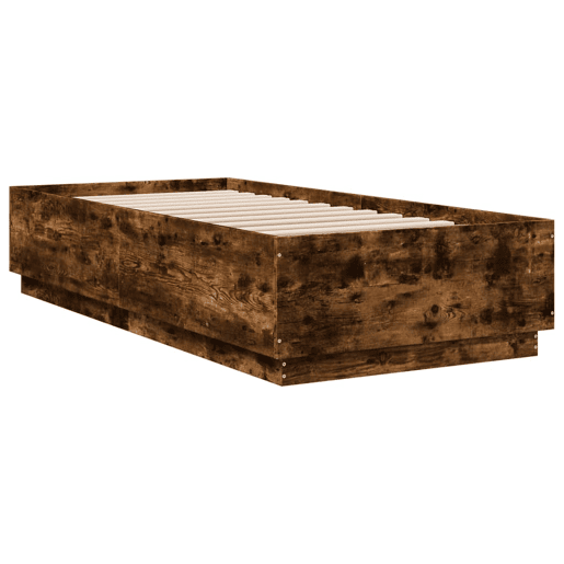 Estrutura de cama de solteiro para adultos c luzes LED derivados madeira carvalho fumado